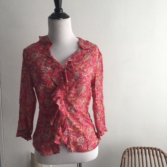 VTG Express red paisley silk chiffon 3/4 sleeves - Picture 3 of 7